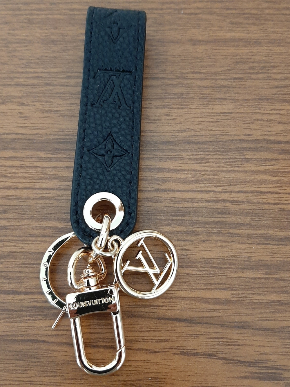 Black Monogram Embossed Leather Keychain with Gold Hardware
